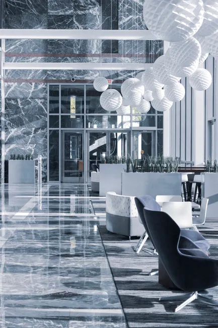 Contemporary shared residential lobby with comfortable seating